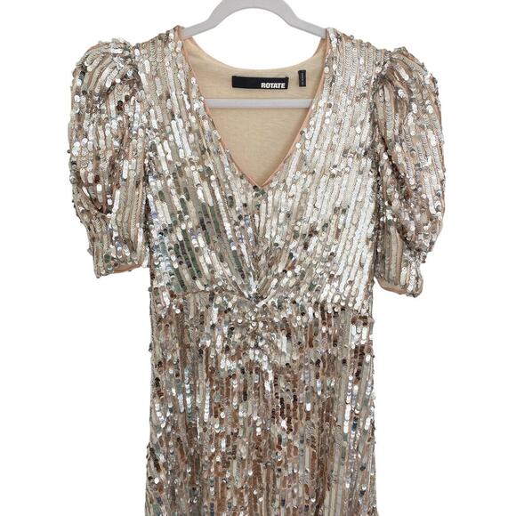ROTATE Birger Christensen Sierina Silver Sequin Midi Dress Puff Sleeve Party Sm - Picture 12 of 16